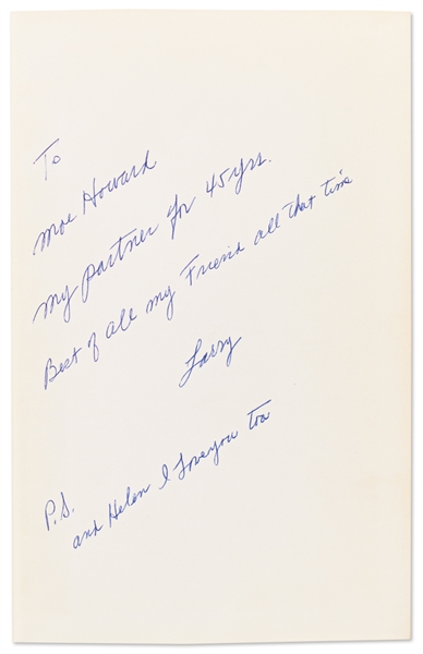 Larry Fine Signed Copy of ''Stroke of Luck'', with Touching Inscription to Moe Howard -- Siena Publishing, 1973 -- With Enclosed Handwritten Note, Possibly by Moe -- Wear to Backstrip, Very Good