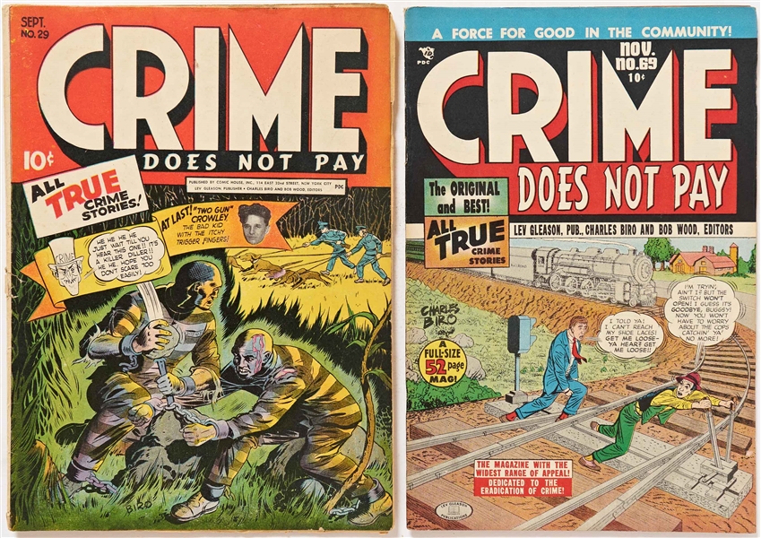 2 Copies of Crime Does Not Pay (Lev Gleason, 1940s) -- 1 Copy of #29 from 1943 and 1 Copy of #69 from 1948 -- Light Soiling and Edgewear, with Cover of #29 Detached from Staples