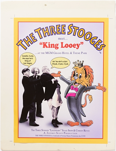 ''The Three Stooges Meet 'King Looey' at the MGM Grand Hotel & Theme Park'' Original Illustration Poster Art -- Measures 13.75'' x 18'' Mounted on 16.75'' x 21.5'' Board -- Near Fine