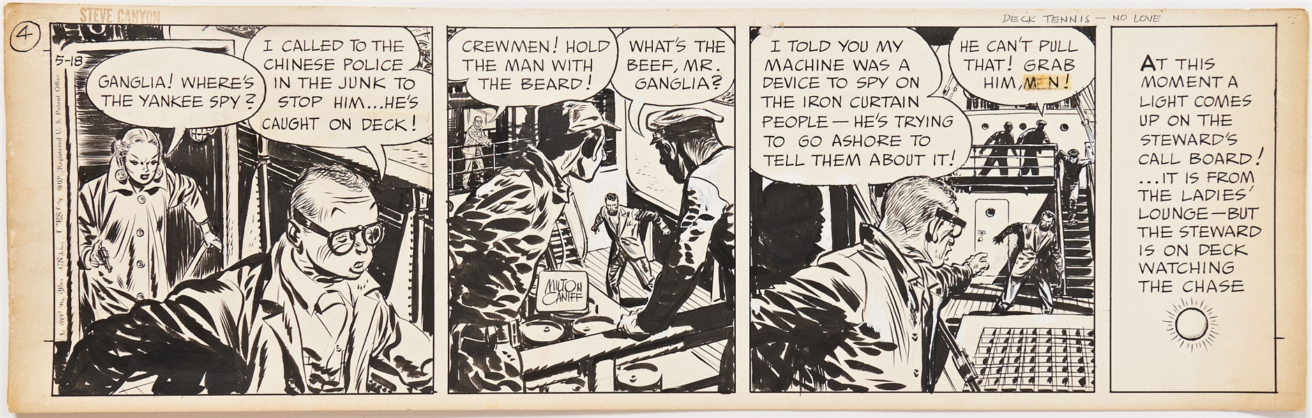 Milton Caniff ''Steve Canyon'' Comic Strip Original Art Dated 18 May (1950s) -- Measures 23'' x 7.25'' -- Very Good