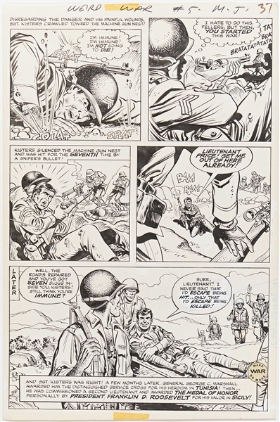 Norman Maurer ''Weird War Tales'' #5 Original ''Medal of Honor'' Artwork, Pages 34-37 Including Splash Page (DC, June 1971) -- Each Page Measures 10.625'' x 16'' -- Very Good to Near Fine
