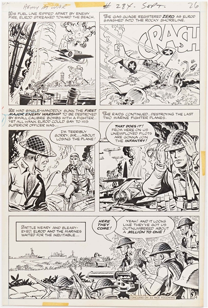 Norman Maurer ''Our Army at War'' #284 Original ''Medal of Honor'' Artwork, Pages 23-26 & 29 Including Splash Page (DC, September 1975) -- Measures Approx. 10.5'' x 16'' -- Very Good to Near Fine