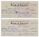 Two Moe Howard Signed Checks Dated 22 April 1959, Each in the Amount of $1800, Paid to Larry Fine and Joe DeRita and Endorsed by Each on Verso -- Written Entirely in Moes Hand -- Very Good Condition