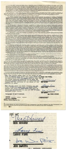 Three Stooges Signed Contract with William Morris Agency -- Voided 2pp. Contract on Single 8.25'' x 14'' Sheet Is Signed by Moe Howard, Larry Fine and Joe DeRita -- Very Good to Near Fine Condition