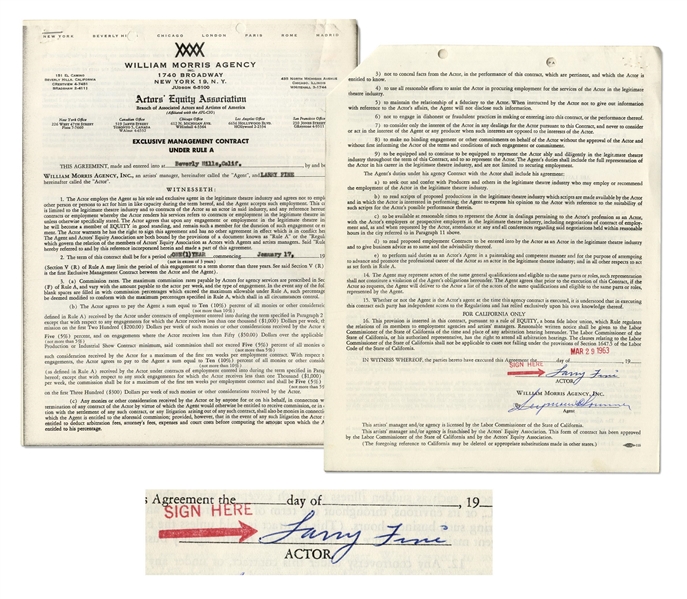 Larry Fine Signed Contract with the William Morris Agency, Dated 17 January 1963 -- Four Pages on Two Sheets Measure 8.5'' x 11'' -- Signed ''Larry Fine'' on Third Page -- Very Good to Near Fine