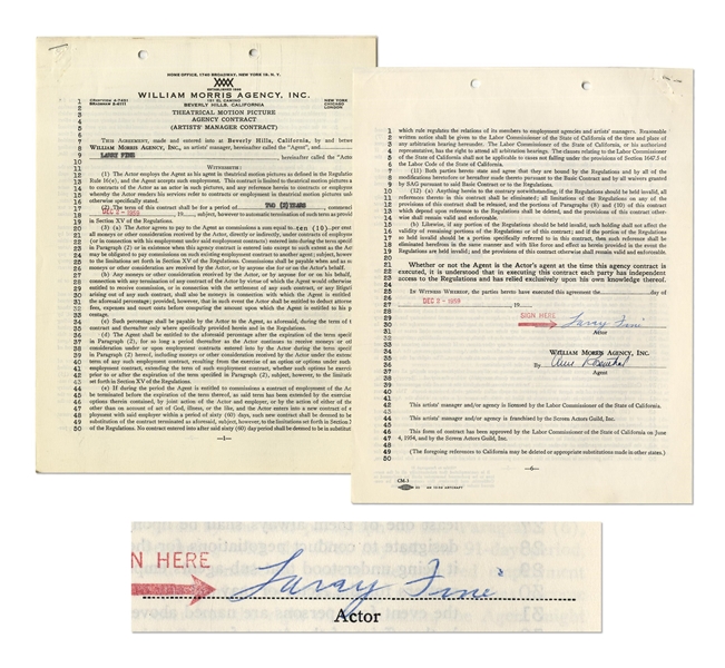 Larry Fine Signed Contract with the William Morris Agency, Dated 2 December 1959 -- Six Pages on Three Sheets Measure 8.5'' x 11'' -- Signed ''Larry Fine'' on Last Page -- Very Good to Near Fine