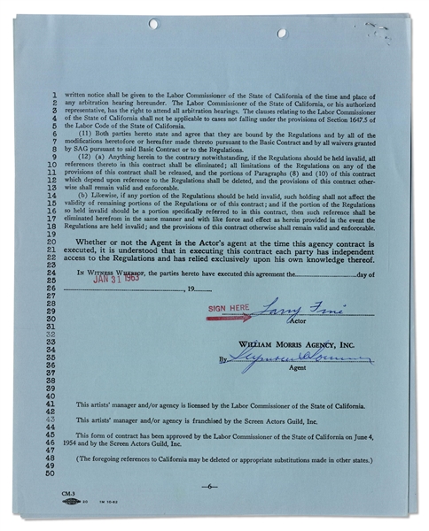 Larry Fine Signed Contract with the William Morris Agency, Dated 31 January 1963 -- Six Pages on Three Sheets Measure 8.5'' x 11'' -- Signed ''Larry Fine'' on Last Page -- Very Good Plus Condition