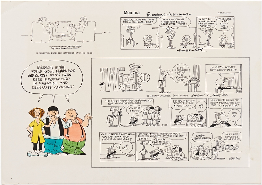 Original Comic Art Lot: Parker & Hart ''Wizard of Id'' Sunday Strip & Mel Lazarus ''Momma'' Strip (Both Field Enterprises, 1977) -- Plus Original 3 Stooges Art on 22'' x 15.5'' Board & Prints of Same