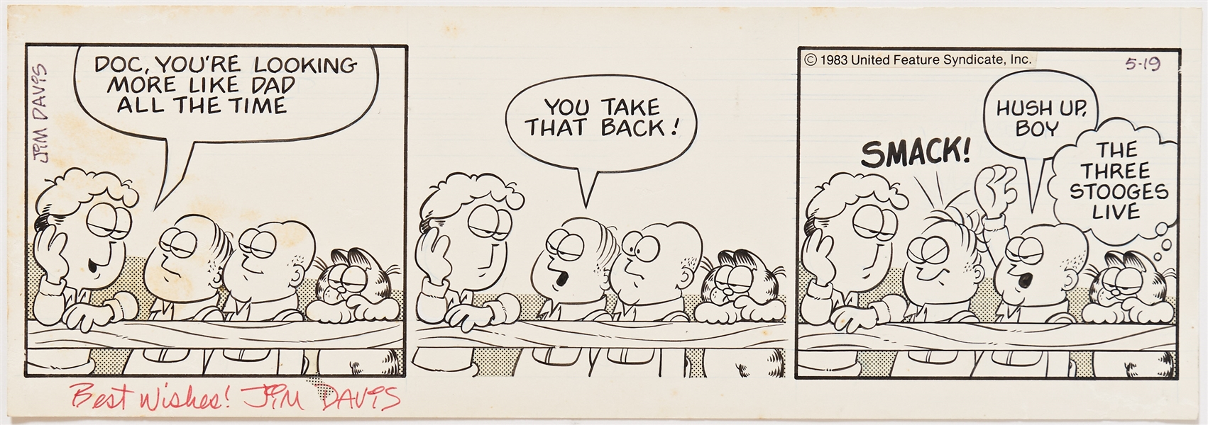Jim Davis Signed ''Garfield'' Comic Strip Original Art with Three Stooges Content -- Published 19 May 1983, with United Feature Syndicate Label on Last Panel -- Measures 14.5'' x 5'' -- Very Good Plus
