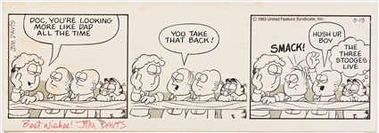 Jim Davis Signed Garfield Comic Strip Original Art with Three Stooges Content -- Published 19 May 1983, with United Feature Syndicate Label on Last Panel -- Measures 14.5 x 5 -- Very Good Plus
