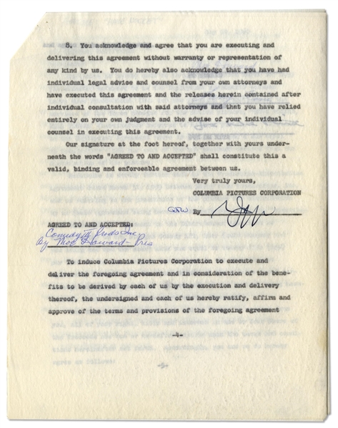 Contract Dated 20 May 1960 Regarding ''Have Rocket, Will Travel'' Film, Signed by Moe Howard on Page 4 and The Three Stooges on Page 5: Moe Howard, Larry Fine and Joe DeRita -- Near Fine Condition