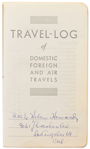Moe & Helen Howard's 1966 Travel Diary with Details of Their International Travels -- Red Leather Diary Measures 4.25'' x 6.5''; Chipping, Else Very Good -- Plus Helen Howard's Funeral Book; Very Good