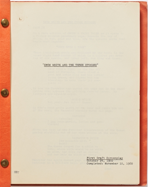 ''Snow White and the Three Stooges'' First Draft Script Dated 24 October 1960 -- ''Moe Howard'' Written on Front Cover -- Runs 132pp. Plus Revised Page Inserts, with One Signed ''Moe'' -- Very Good