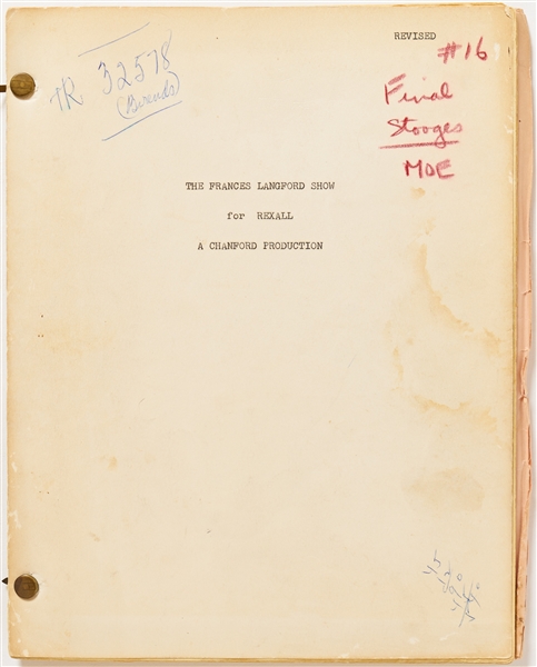 Moe Howard Annotated & Signed Script for ''The Frances Langford Show for Rexall'' in 1960, with Stooges Skit Part of the Episode -- ''Final Stooges MOE'' Written on Cover -- Runs 75pp. -- Very Good