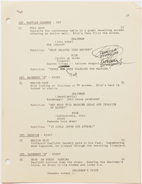 ''The Three Stooges Meet the Martians'' Final Draft Screenplay Dated 5 March 1962 -- Later Named ''The Three Stooges in Orbit'' -- Runs 129pp. Plus Cast Sheet & Shooting Schedule with Edits Throughout
