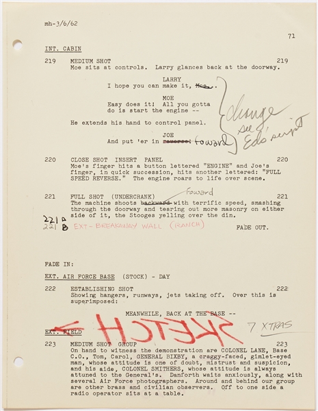 ''The Three Stooges Meet the Martians'' Final Draft Screenplay Dated 5 March 1962 -- Later Named ''The Three Stooges in Orbit'' -- Runs 129pp. Plus Cast Sheet & Shooting Schedule with Edits Throughout