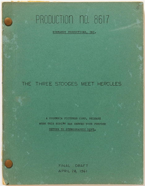 ''The Three Stooges Meet Hercules'' Final Draft Screenplay with Numerous Hand Notations Throughout -- Dated 28 April 1961 & Runs Over 150pp. Plus Several Memos & Inserts -- Very Good Condition