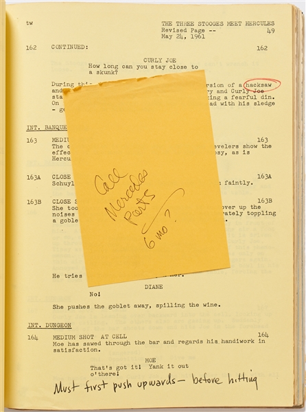 ''The Three Stooges Meet Hercules'' Final Draft Screenplay with Numerous Hand Notations Throughout -- Dated 28 April 1961 & Runs Over 150pp. Plus Several Memos & Inserts -- Very Good Condition