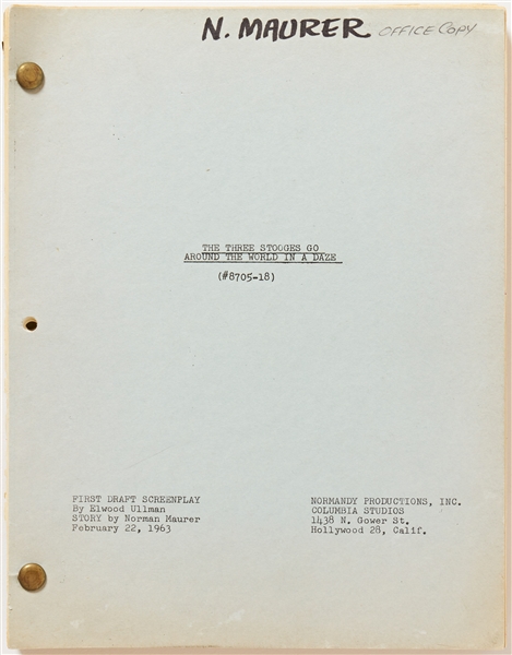 ''The Three Stooges Go Around the World in a Daze'' First Draft Screenplay Dated 22 February 1963 -- Runs 121pp. -- ''N. Maurer Office Copy'' Handwritten on Cover Plus Edits Inside -- Very Good