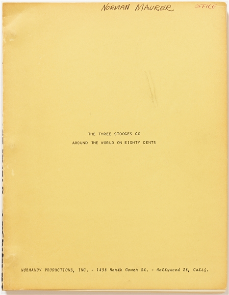 ''The Three Stooges Go Around the World on Eighty Cents'' Treatment by Norman Maurer -- Undated, Runs 68pp. -- ''Norman Maurer Office'' Handwritten on Front Cover -- Very Good