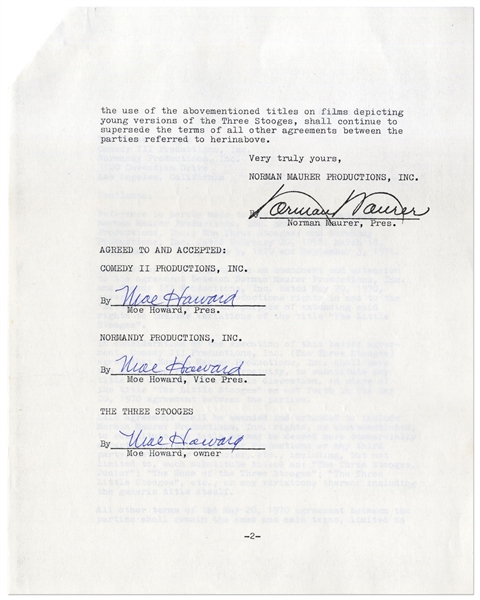 Contract Signed Three Times by Moe Howard -- Two-Page Contract Dated 27 August 1973 Concerns an Extension Between Howard and Norman Maurer -- Very Good Condition