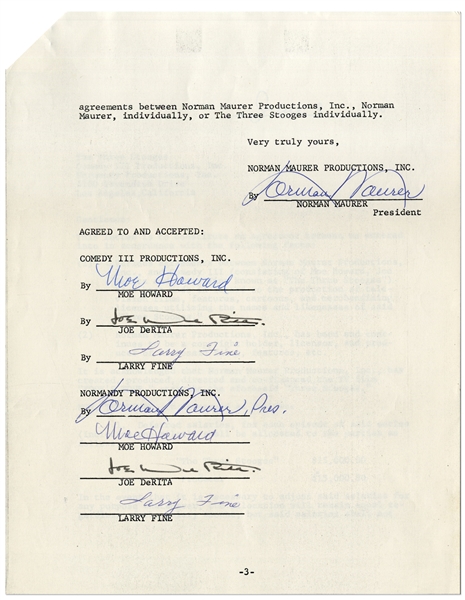 Three Stooges Contract Dated 9 June 1970 Signed Twice by All Three: Moe Howard, Larry Fine & Joe DeRita -- 3pp. on 3 Sheets -- Very Good Plus Condition