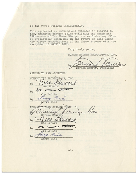 Three Stooges Contract Signed Twice by All Three: Moe Howard, Larry Fine & Joe DeRita -- Dated 3 September 1971 Regarding a Cartoon Series -- 2pp. Plus Photostat Letter on 3 Sheets -- Very Good Plus