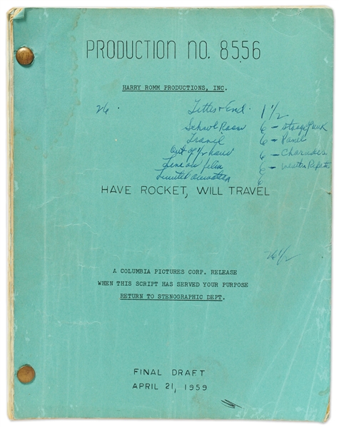 ''Have Rocket, Will Travel'' Final Draft Script Dated 21 April 1959 -- With Moe's Extensive Handwritten Notes Throughout & on Covers, with Questions About Discrepancies in Film Financing -- Very Good