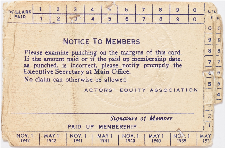 Moe Howard's Actors' Equity Association Card Circa 1939 -- Measures 4'' x 2.625'' -- Moderate Creasing & Wear to Edges, Else Very Good