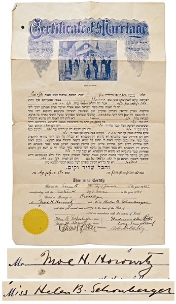 Moe H. Horowitz (Howard) & Helen B. Schonburger Signed Ketubah (Jewish Marriage Certificate) for Their 1925 Brooklyn, New York Wedding -- Measures 12'' x 19'' -- Holes at Intersecting Folds; Very Good