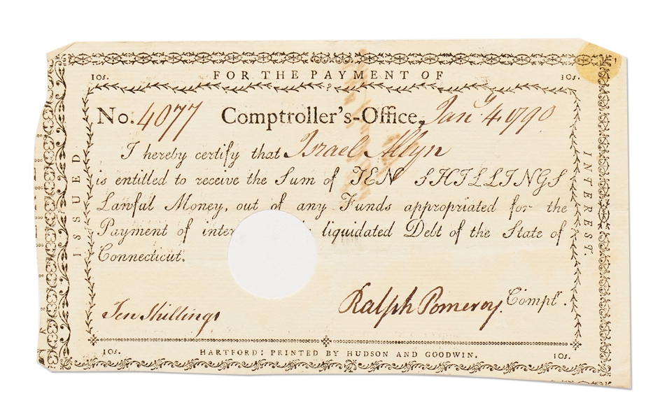 Connecticut Bond Note Dated 1790 in the Amount of 10 Shillings