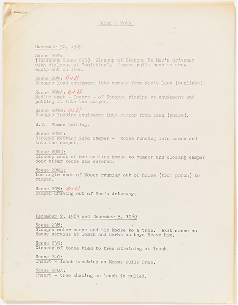 Ten ''Kook's Tour'' Documents -- Includes ''Added Scenes, Retakes, Missing Scenes, Titles'', Treatments, Scene Lists, ''Silent Retakes'', ''Second Dialogue'' & More -- Circa 1969 -- Very Good