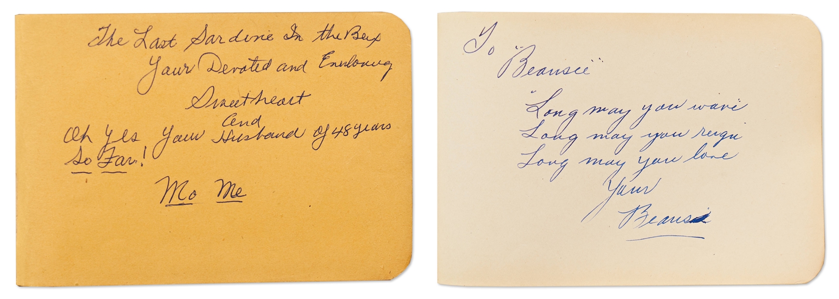 Autograph Album Signed Twice by Moe Howard with His Family Nicknames, ''Mo Me'' & ''Beansie'' -- Plus Moe & Helen's Wedding Card, 24 Postcards from Helen & Moe from the 1950s-60s & More Personal Items