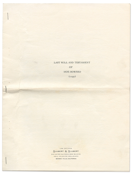 Copy of Moe Howard's Last Will and Testament, 6pp. Unsigned -- Also Includes 12pp. Declaration of Community Property Trust for Moe & Helen Howard, Initialed Three Times by Moe -- Very Good Plus