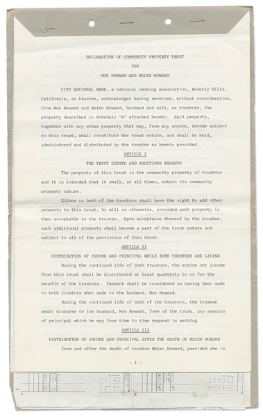 Copy of Moe Howard's Last Will and Testament, 6pp. Unsigned -- Also Includes 12pp. Declaration of Community Property Trust for Moe & Helen Howard, Initialed Three Times by Moe -- Very Good Plus