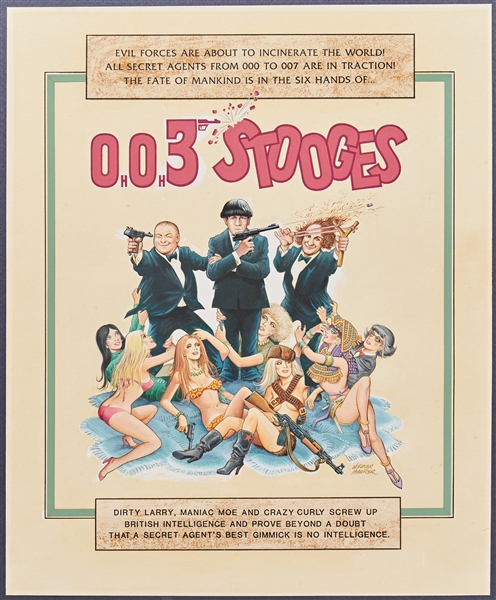 Norman Maurer ''0H 0H 3 Stooges'' Original Movie Poster Art -- James Bond-Three Stooges Mash-up Artwork Measures Approx. 12.5'' x 15'' Mounted on 15'' x 18'' Board -- Undated, Circa 1985 -- Near Fine
