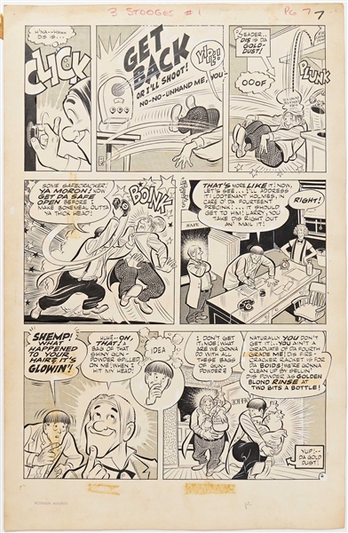 Norman Maurer ''Three Stooges'' #1 Original Art with Moe, Larry, and Shemp, Pages 4, 6, 7, 9, 15, 25, 27 & 28 (St. John, September 1953) -- Measures 13.5'' x 21'' -- Overall Very Good