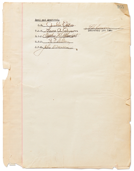 Thomas Edison Signed Minutes for the Annual Shareholder's Meeting of the Edison Manufacturing Company