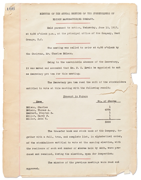 Thomas Edison Signed Minutes for the Annual Shareholder's Meeting of the Edison Manufacturing Company