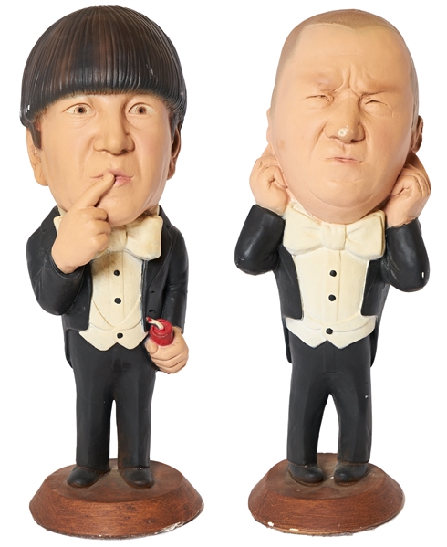 The Three Stooges Large Solid Plaster Statues of Curly & Moe --  Made by Esco Products, Inc. in 1980 -- Each Measures Approx. 17'' Tall & Weights 10 Lbs. -- Some Chipping