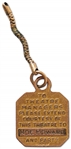 Gold Tone & Blue Enamel RKO Theatres Keychain Engraved on Back: To Theater Managers Please Extend Courtesy of This Theater to Moe Howard and Party -- Measures .875 Square Excluding Chain -- Rare