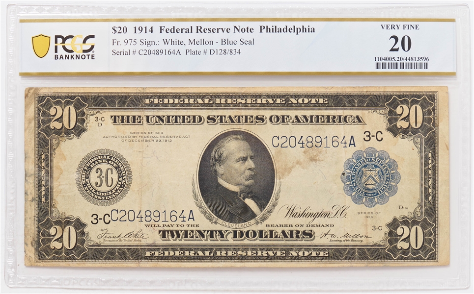 Fr. 122 $10 1901 Legal Tender PCGS Banknote Very Fine 20 & Fr. 975 $20 1914 Federal Reserve Note PCGS Very Fine 35 --  Plus Three Ungraded $2 Notes