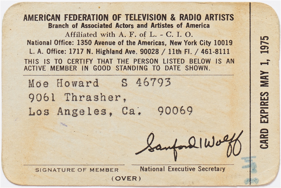 Moe Howard's American Federation of Television & Radio Artists Card -- Circa Early 1970s -- Very Good Condition