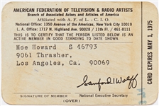 Moe Howards American Federation of Television & Radio Artists Card -- Circa Early 1970s -- Very Good Condition