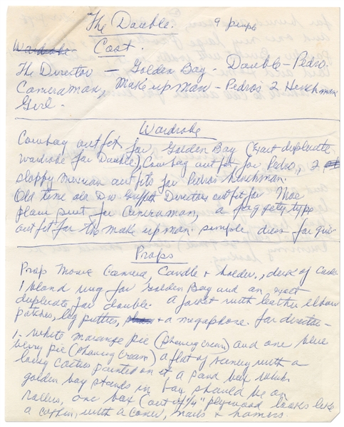 Three Pages of Handwritten Notes by Moe Howard Regarding Preparing for a Film Titled ''The Double'' -- Circa 1960s, Composed on Two Sheets Measuring 6.25'' x 7.75'' -- Very Good Condition