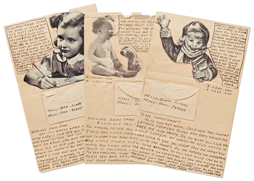 Moe Howard Lot of 3 Handwritten Letters Signed ''Daddy'' and ''Daddy Dear'' to His Daughter Joan -- Circa 1930s, Charming Letters Have Cut-Outs & Envelopes Pasted-On -- Measure 5'' x 8'' -- Very Good