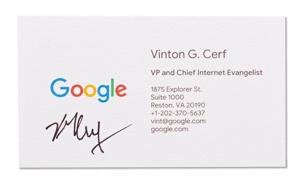 Vint Cerf Signed Google Business Card -- One of the Founders of the Internet, Cerf's Title Reads ''VP and Chief Internet Evangelist''