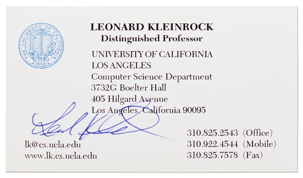 Leonard Kleinrock Signed UCLA Business Card -- Card Lists Kleinrock as Distinguished Professor in the Computer Science Department