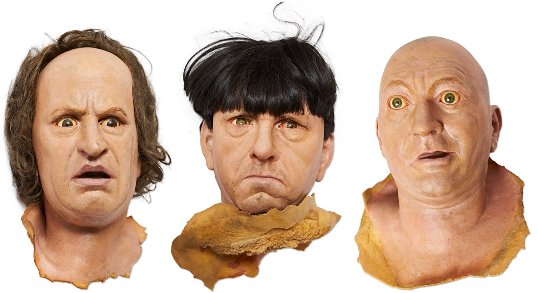 Lifelike Prop Heads of Larry, Moe & Curly, Each Measuring Approx. 11'' Tall -- Very Photo-Realistic, Likely Used as Movie Props -- Rubber-Latex Composite Heads Have Minute Cracking, Very Good Plus