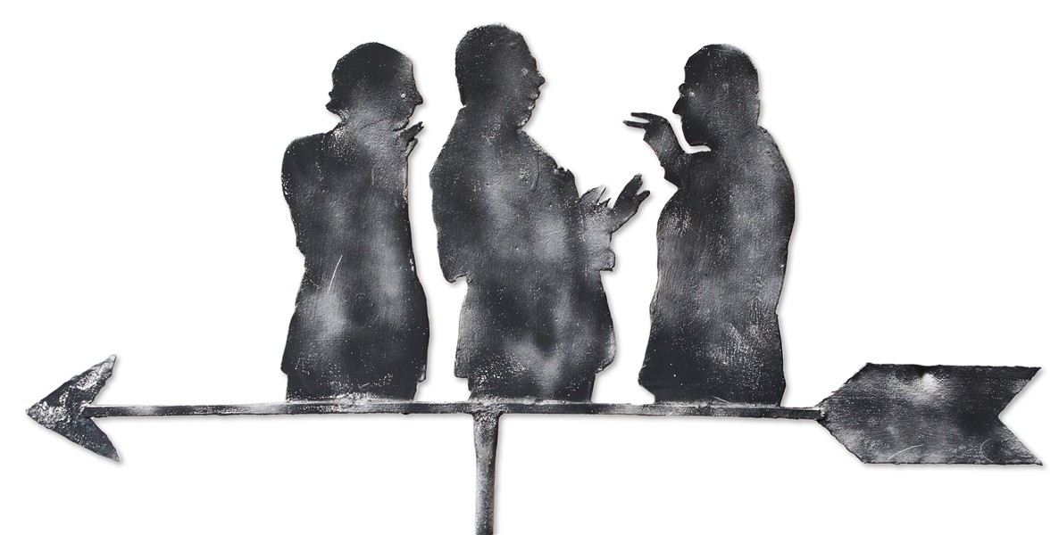 Wrought Iron Weathervane Depicting The Three Stooges in Their Famous Eye-Poking Stance -- Used on Moe Howard's Home -- 36'' Tall x 39'' Wide -- Patina & Wear from Use; Fully Intact